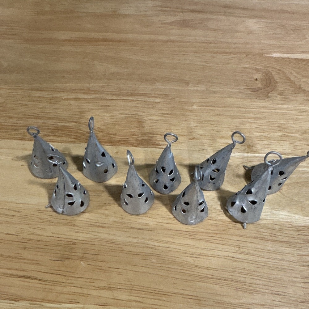 Set of 9 Silver Metallic Metal Cone Hanging Bells Cut-Out Pattern Loops